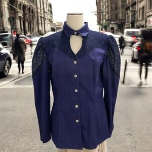 Vtg Banjo Western Shirt L Lace Yoke Puff Sleeves Pearl Snaps Festival Rodeo Boho